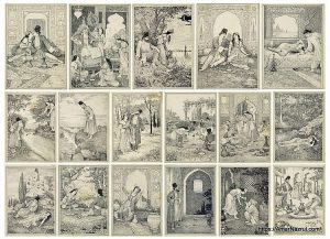 A collection of postcards with paintings of the Rubaiyat of Omar Khayyam by Indian artist M. V. Dhurandhar রুবাইয়াত্‌-ই-ওমর খৈয়াম | অনুবাদ । কাজী নজরুল ইসলাম